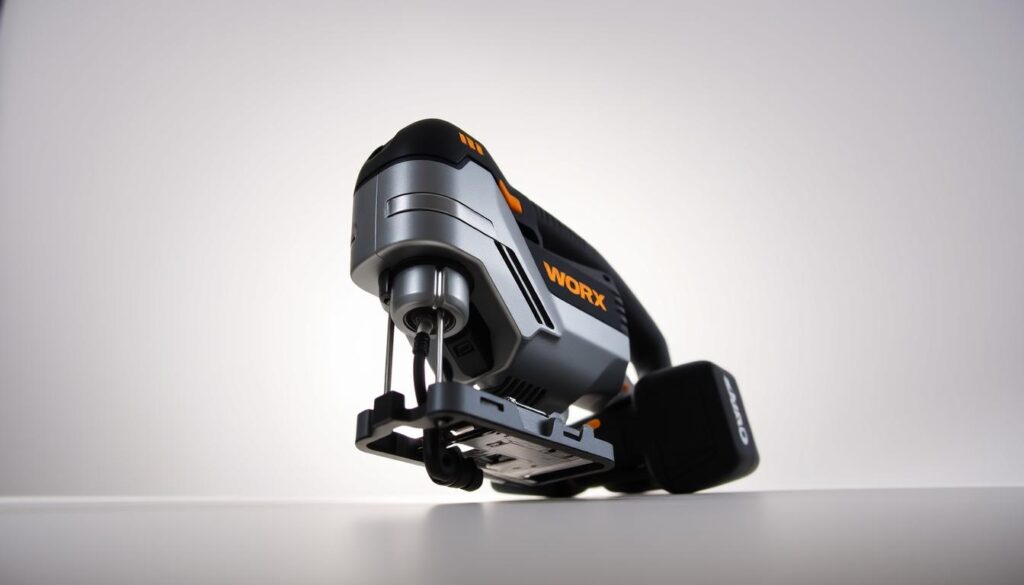 A cordless jigsaw set against a clean, white background. The tool is prominently displayed, showcasing its sleek, modern design with a brushed metal body and a bright LED work light. The jigsaw is positioned at a slight angle, casting subtle shadows that highlight its depth and texture. The lighting is soft and diffused, creating a professional, product-focused atmosphere. The camera angle is low, emphasizing the tool's compact size and ergonomic grip. The overall composition is balanced and visually appealing, drawing the viewer's attention to the key features of the Worx WX550 cordless jigsaw.