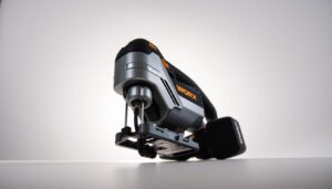 A cordless jigsaw set against a clean, white background. The tool is prominently displayed, showcasing its sleek, modern design with a brushed metal body and a bright LED work light. The jigsaw is positioned at a slight angle, casting subtle shadows that highlight its depth and texture. The lighting is soft and diffused, creating a professional, product-focused atmosphere. The camera angle is low, emphasizing the tool's compact size and ergonomic grip. The overall composition is balanced and visually appealing, drawing the viewer's attention to the key features of the Worx WX550 cordless jigsaw.