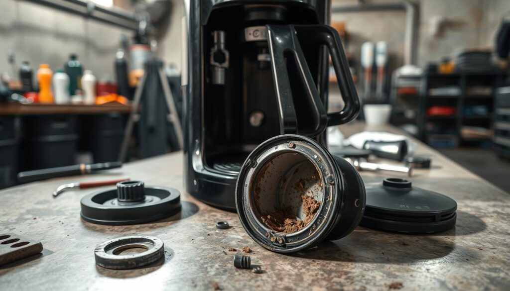 A countertop with a disassembled coffee maker, its internal mechanisms exposed. The foreground shows a close-up view of the leaking component, a worn gasket or seal. The middle ground features various tools and parts scattered around, hinting at the diagnostic process. The background subtly conveys a dimly lit, utilitarian workshop atmosphere with concrete floors and shelves of supplies. Soft, directional lighting casts shadows and highlights the intricate details, emphasizing the technical nature of the repair. The overall scene conveys a sense of methodical problem-solving, guiding the viewer through the step-by-step diagnosis of the coffee maker's leaking issue.