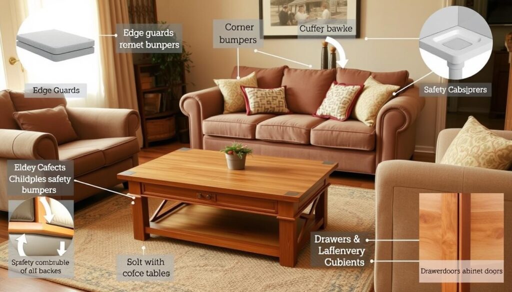 A cozy living room with a wooden coffee table, plush sofa, and armchair. The furniture is surrounded by various childproofing accessories, such as edge guards, corner bumpers, and safety latches on drawers and cabinet doors. The lighting is warm and inviting, creating a sense of comfort and security. The overall atmosphere conveys the idea of a family-friendly environment, where child safety is a top priority.