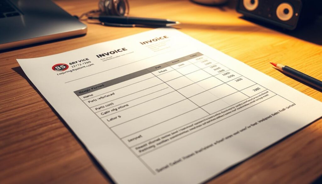 A crisp, well-organized repair invoice document lying on a wooden desk. The invoice has a professional header with the service provider's logo, name, and contact information. Detailed line items list the repair work performed, parts replaced, and labor costs. The invoice is illuminated by warm, directional lighting, casting subtle shadows and highlighting the textural details of the paper. The background is a clean, minimalist workspace with a few office supplies, creating a sense of organization and efficiency. The overall mood is one of professionalism, clarity, and attention to detail.