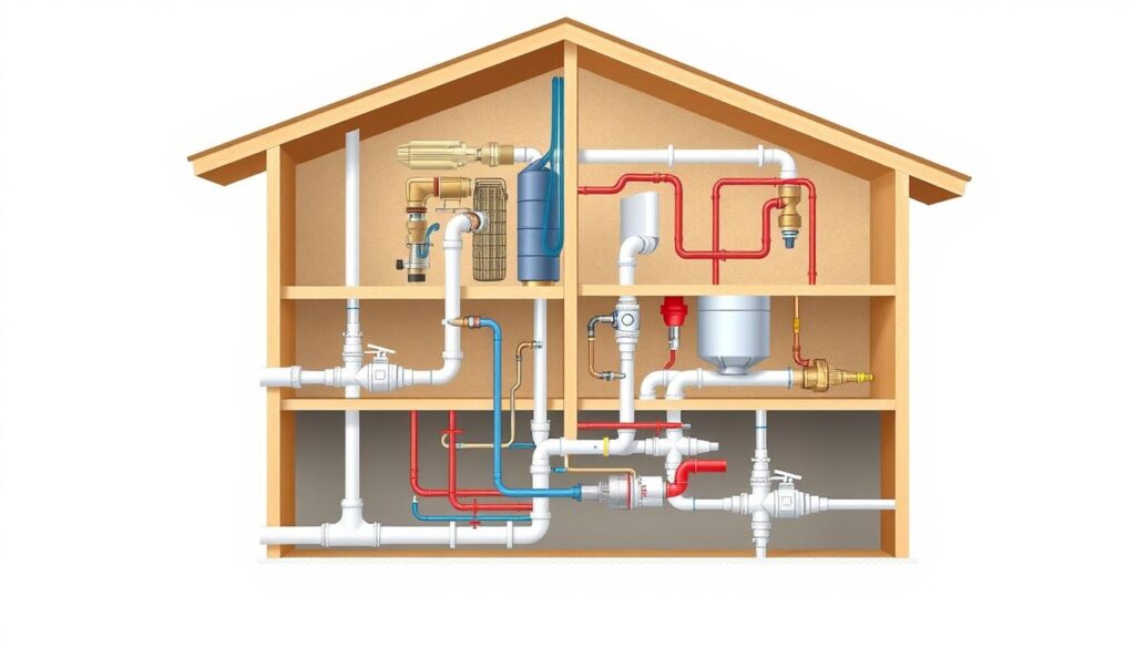 A cross-sectional view of a residential plumbing system, showcasing the various components in a visually compelling manner. The image should depict the intricate network of pipes, fittings, and valves that make up the water distribution and drainage system, with a focus on the areas most susceptible to water hammer issues. Utilize a clean, technical illustration style with a neutral color palette, highlighting the key elements in a clear and informative way. The perspective should be slightly elevated, providing a comprehensive overview of the system while maintaining a level of detail that allows the viewer to understand the underlying mechanisms. Optimal lighting and camera angle should enhance the clarity and depth of the scene, creating a visually engaging and informative illustration.