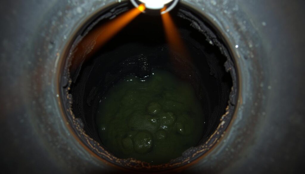 A dark, grimy drain pipe, its murky waters stagnant and foul-smelling, emitting an unpleasant odor that permeates the air. The corroded metal surface is covered in a layer of grime, with a slimy green film lining the interior. Beams of warm, yellow light from an overhead fixture cast a moody, atmospheric glow, accentuating the unsavory nature of the scene. The overall mood is one of neglect and decay, conveying the frustration and annoyance of dealing with persistent drain odors.