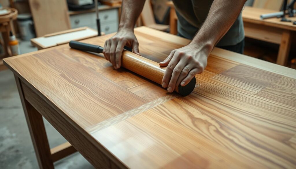 A detailed close-up shot of a person's hands carefully reattaching veneer onto the surface of a wooden table top. The table is placed on a clean, well-lit workbench in a well-organized workshop. The veneer is being carefully smoothed and pressed onto the table surface using a rubber roller, with a variety of specialized tools like clamps and glue bottles visible in the frame. The lighting is soft and diffused, highlighting the intricate textures of the wood and veneer materials. The overall mood is one of focused, precise craftsmanship.