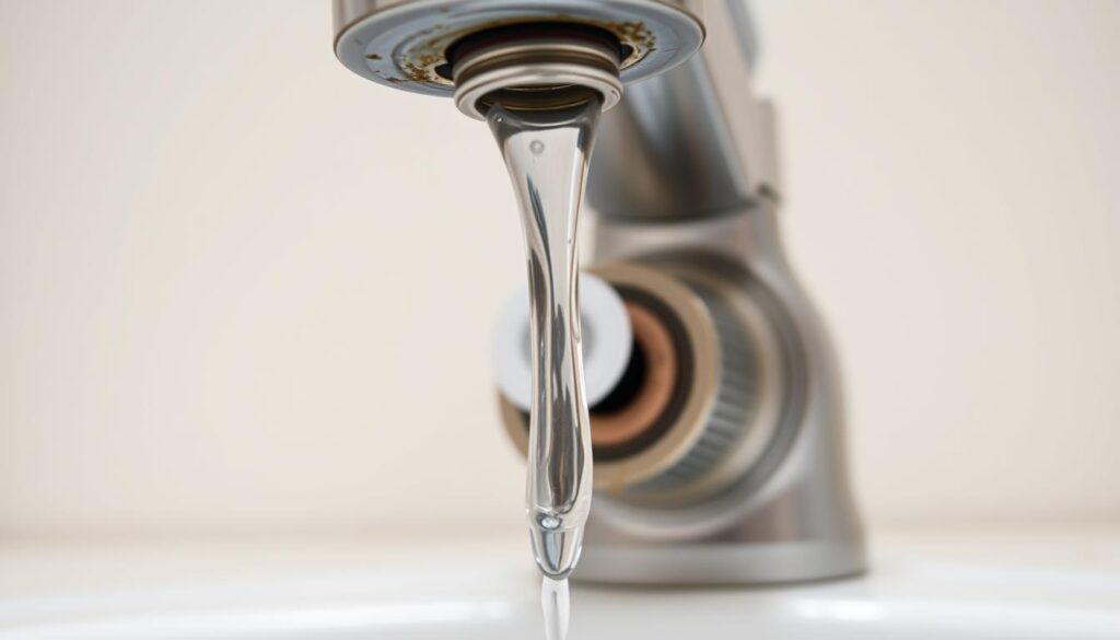 A detailed close-up view of a leaky kitchen faucet, showing the internal components and the source of the water leak. The faucet is presented in a neutral, well-lit setting, with a clean, minimalist background, allowing the viewer to focus on the key diagnostic elements. The image showcases the dripping water, the worn washers, and the damaged seals, providing a clear visual reference for the "Diagnosing the Source of Your Leak" section of the DIY guide. The lighting is soft and even, highlighting the intricate details of the faucet mechanism, and the camera angle is angled to provide a clear, accessible view for the reader.