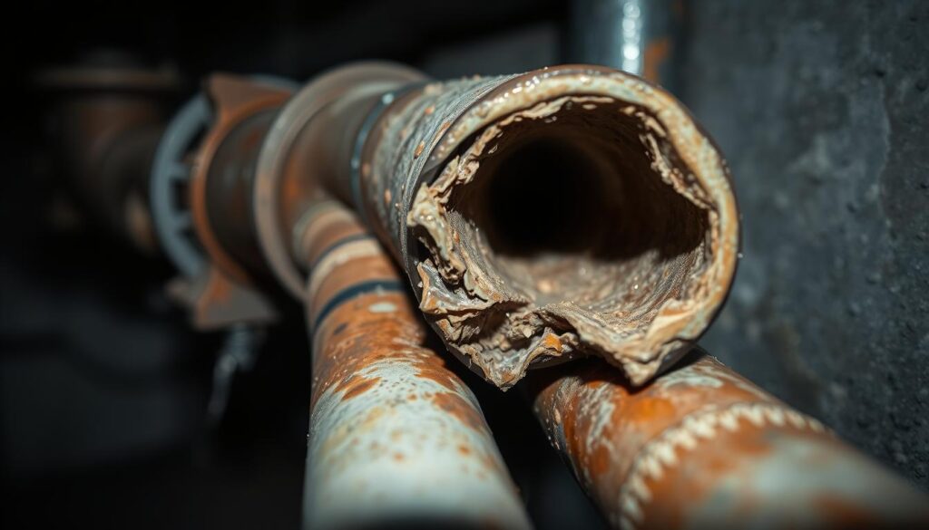 A detailed close-up view of water pipe damage caused by water hammer. The pipes are shown in the foreground, with a cracked or burst section revealing the internal damage. The surrounding area is dimly lit, with shadows and a moody atmosphere conveying the sense of a problem that needs to be addressed. The lighting is focused on the damaged pipes, illuminating the structural deformation, cracks, and water leakage. The image should be captured with a high-resolution lens, emphasizing the technical nature of the problem and the need for a solution.