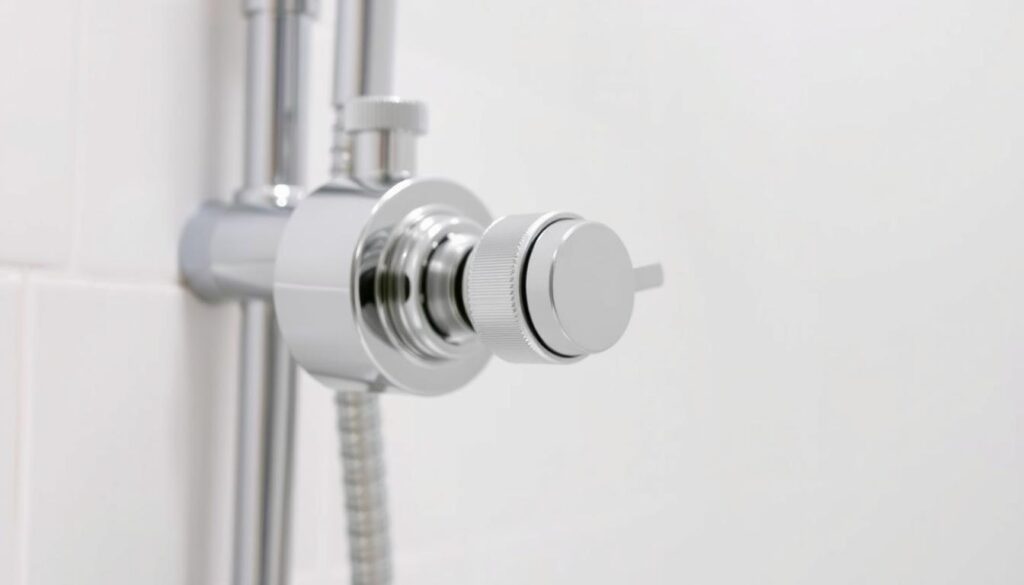 A detailed closeup view of a shower diverter valve installation. The valve is mounted on the shower wall, with the diverter lever and knob in the foreground. The background shows the shower pipes and wall tiles in sharp focus, creating a clean, minimalist composition. The lighting is bright and even, highlighting the chrome finish of the valve. The angle is slightly tilted to provide a clear, unobstructed view of the installation process. The overall mood is one of precision, functionality, and attention to detail, reflecting the step-by-step instructions for upgrading the shower diverter valve.