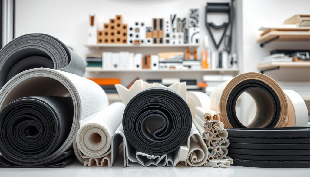 A detailed still life of various weatherstripping materials in a well-lit studio setting. The foreground features rolls of adhesive-backed foam, vinyl, and rubber weatherstripping. The middle ground showcases different weatherstrip profiles like V-shaped, bulb, and tape styles. The background has shelves displaying weatherstripping accessories like corner seals, door sweeps, and aluminum channels. The overall lighting is soft and diffused, creating a clean, professional product shot. The composition emphasizes the diverse types and textures of weatherstripping products, showcasing their practical applications for home improvement.