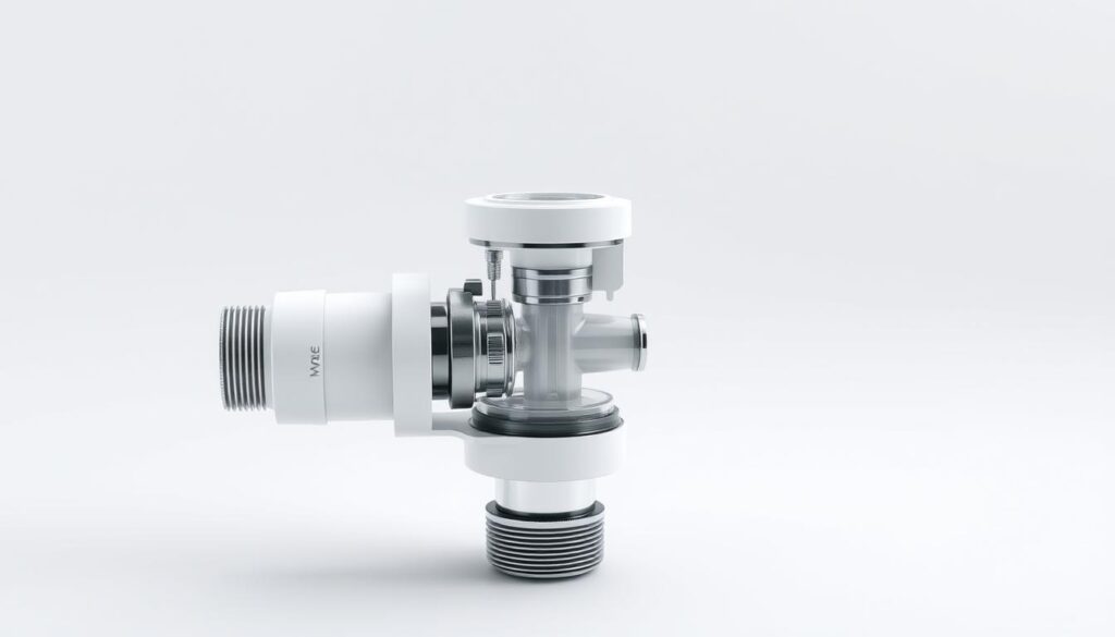 A detailed technical illustration of a modern toilet fill valve in a well-lit, studio-like setting. The valve is shown in the foreground, with a clean, white background that showcases its intricate internal components and mechanism. The image should capture the valve's key functional elements, such as the float, the water inlet, and the adjustment mechanisms, allowing the viewer to understand its operation. Soft, directional lighting highlights the valve's sleek, polished design and provides depth and dimension to the scene. The overall tone should be one of clarity and precision, conveying the valve's important role in the proper functioning of a toilet.