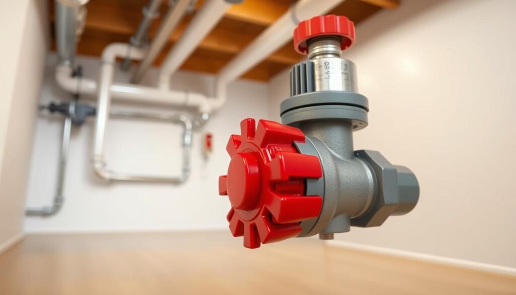 A detailed, technical illustration of an emergency shut-off valve in a modern home setting. The valve is prominently displayed in the foreground, its metal and plastic components rendered with crisp precision. The middle ground shows the valve's placement in the context of a clean, well-lit basement utility room, with pipes and fixtures visible. The background fades into a soft, neutral tone, allowing the valve to be the focal point. The lighting is natural and evenly distributed, accentuating the valve's form and function. The overall mood is one of clarity and utility, reflecting the importance of the shut-off valve in a home emergency situation.