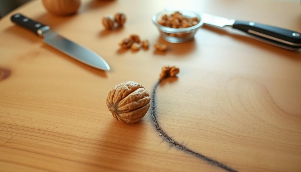 A detailed, well-lit, close-up photograph of a wooden table surface being repaired using the walnut method. In the foreground, a walnut half is gently rubbed against a shallow scratch, the oils from the nut filling and blending the imperfection. The mid-ground shows various kitchen tools like a knife, spoon, and small bowl of walnut meat, arranged neatly. The background is a clean, uncluttered wooden table, softly illuminated from above, creating a warm, inviting atmosphere for this simple, natural scratch repair technique.