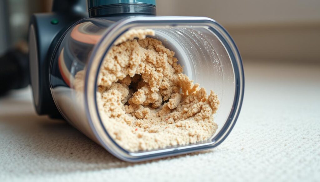 A detailed, well-lit close-up shot of an open vacuum cleaner dust container or canister, showcasing its transparent or semi-transparent body filled with accumulated dust, debris, and various particles. The container is positioned on a clean, neutral-colored surface, allowing the viewer to focus on its contents. The lighting is bright and diffused, illuminating the fine details of the collected dust, creating a sense of clarity and inspection. The angle is slightly elevated, providing a slightly downward perspective that emphasizes the container's internal structure and the visible layers of accumulated material. The overall mood is one of careful examination, highlighting the importance of regularly checking and emptying the vacuum's dust container to maintain optimal suction and performance.