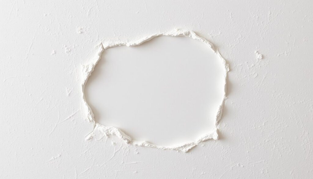A detailed, well-lit drywall patch with a smooth, seamless surface. The patch is set against a neutral, soft-textured wall, blending naturally with the surrounding drywall. The edges are precisely cut and the joint compound is evenly applied, creating a professional-looking repair. Soft, directional lighting casts subtle shadows, highlighting the patch's texture and blending it into the wall. The overall scene conveys a sense of craftsmanship and attention to detail, showcasing the California Patch method for larger drywall holes.
