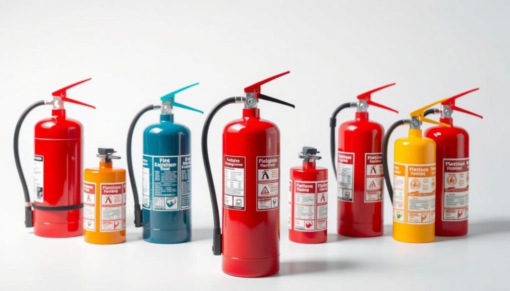 A detailed, well-lit, high-resolution illustration of fire extinguisher colour coding for a comprehensive guide on fire extinguisher types and uses. The image should prominently feature several fire extinguishers, each with distinct colors corresponding to the different classes of fires they are designed to extinguish. The extinguishers should be arranged in a visually appealing layout, showcasing their distinctive shapes and designs. The background should be clean and minimal, allowing the fire extinguishers to be the focal point. The overall composition should convey a sense of order, safety, and technical expertise, reflecting the authoritative nature of the article's subject matter.