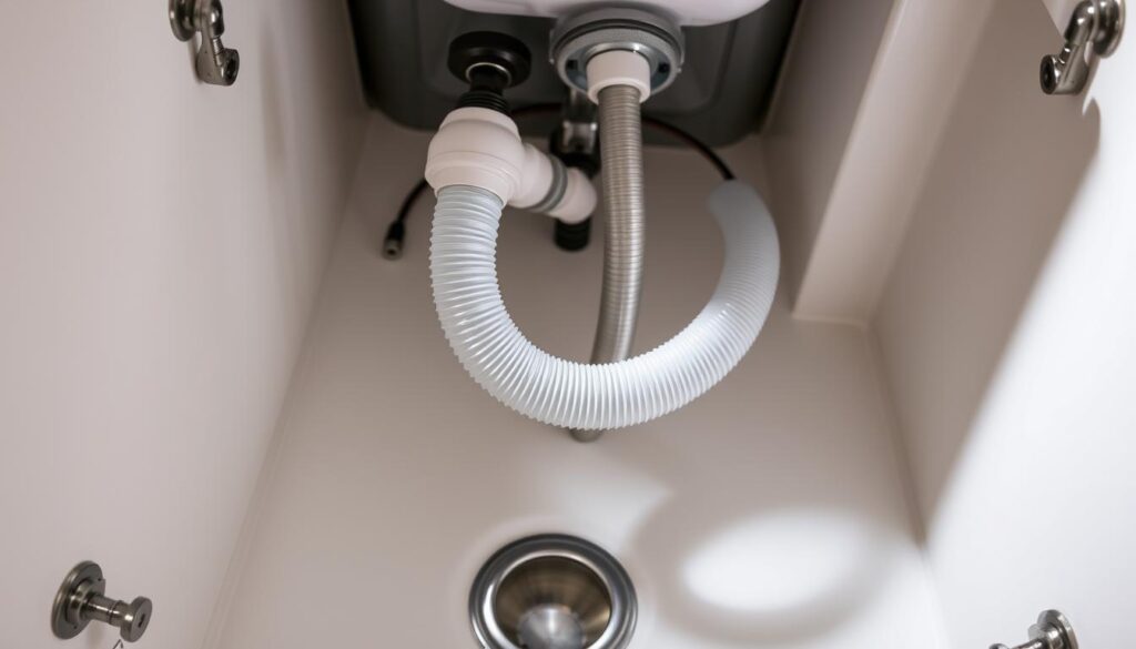 A detailed, well-lit overhead view of a sink cabinet interior, showcasing the process of installing a flexible sink hose. The hose is prominently featured, with its curved path and connections to the water supply line and sink basin clearly visible. The cabinet walls, shelves, and other plumbing components provide context, but the focus remains on the flexible hose installation. The lighting is bright and even, creating a clean, instructional atmosphere. The camera angle is positioned to provide a clear, unobstructed view of the entire installation process, with a slight downward tilt to capture the relevant details. The overall mood is informative and practical, guiding the viewer through the step-by-step installation of the flexible sink hose.