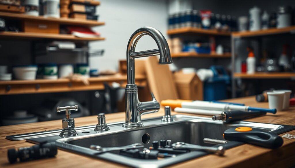A detailed, well-lit workshop setting featuring a stainless steel sink with a chrome faucet. The faucet is disassembled, with various tools and parts laid out neatly on a wooden workbench. The background shows shelves stocked with plumbing supplies, creating a sense of preparedness and organization. The lighting is bright and directional, casting subtle shadows that highlight the textures and materials. The overall mood is one of focused attention and attention to detail, as if in the midst of a faucet repair project.