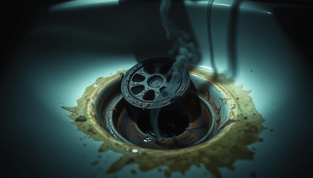 A dimly lit bathroom interior, the focus centered on a sink drain, with a swirling miasma of noxious fumes emerging from its depths. The grime-encrusted drain cover is slightly ajar, revealing a murky, stagnant pool below. Streaks of mold and mildew creep along the basin's edges, casting an eerie, greenish hue. The lighting is harsh, creating dramatic shadows that accentuate the unpleasant scene. The overall atmosphere is one of neglect and unhygienic conditions, conveying the source of the unpleasant odors. The camera angle is low, emphasizing the drain's prominence and the viewer's proximity to the unpleasant source.
