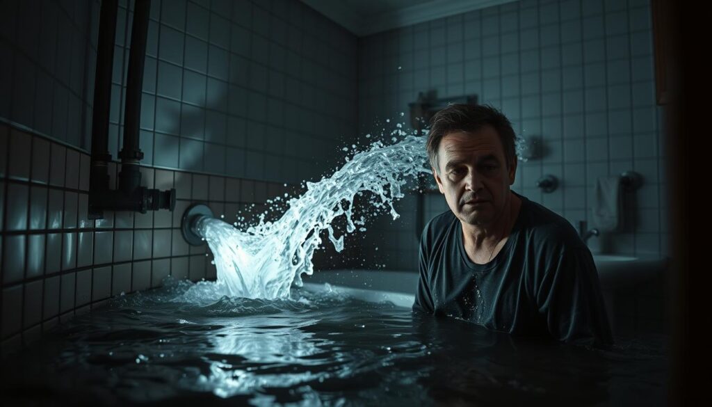 A dimly lit bathroom with a burst pipe spewing water, creating a chaotic and stressful plumbing emergency scene. In the foreground, a concerned homeowner stands surrounded by water, their expression one of alarm and urgency. The middle ground features the broken pipe, the source of the flooding, with water gushing out. The background showcases the bathroom's tiled walls and fixtures, adding a sense of realistic context. The lighting is dramatic, with shadows casting a sense of tension and urgency. The camera angle is slightly low, emphasizing the scale of the problem and the homeowner's predicament. The overall mood conveys a sense of crisis and the need for immediate expert plumbing intervention.