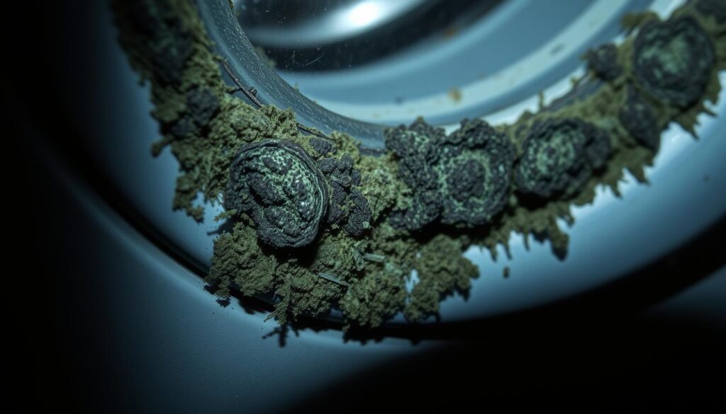A dimly lit, close-up view of a washing machine door seal, revealing a buildup of thick, discolored mould growing in the crevices and cracks. The mould appears slimy and textured, with a greenish-black hue, casting an ominous, unsettling atmosphere. The image is captured with a macro lens, emphasizing the intricate details and the invasive nature of the fungal growth. The lighting is slightly uneven, creating shadows that accentuate the contours and textures of the mould, highlighting its sinister presence. The background is blurred, allowing the viewer to focus solely on the mould-infested seal, conveying the severity of the problem.