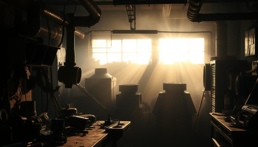A dimly lit garage workshop with visible ventilation issues. In the foreground, a cluttered workbench with various tools and equipment, casting long shadows. In the middle ground, a series of rusted vents and ducts, partially obstructed by debris, suggesting poor air circulation. The background depicts the garage's interior, with a hazy, stale atmosphere, highlighting the lack of proper ventilation. Soft, warm lighting filters through grimy windows, creating an oppressive, stifling mood. The overall scene conveys the potential risks of neglecting effective garage workshop ventilation, foreshadowing the health and safety concerns to be addressed in the article.