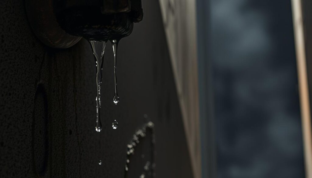 A dimly lit, gritty industrial setting with a close-up view of a water-stained concrete wall. In the foreground, a rusted metal pipe with a steady stream of water dripping from a visible crack or joint. The light casts long shadows, emphasizing the weathered, worn texture of the pipe and wall. The background is hazy, suggesting a damp, humid atmosphere. The overall scene conveys a sense of disrepair and the need for maintenance, reflecting the theme of understanding different types of pipe leaks.
