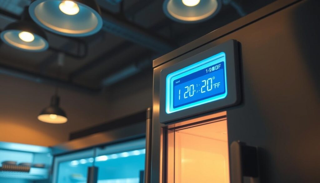 A dimly lit, industrial-style kitchen interior with an open freezer door revealing the temperature control panel. The freezer is a classic stainless steel model with clean lines and a sleek, modern design. The temperature settings are highlighted, showcasing the precise digital display with a range of options from -10°F to -20°F. Warm, diffused lighting from overhead fixtures casts a soft glow, creating a sense of contemplation and focus on the task at hand. The scene conveys a sense of functionality and attention to detail, reflecting the subject of troubleshooting freezer icing issues.