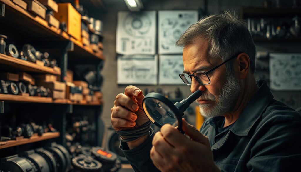 A dimly lit industrial workshop, shelves stacked with an array of mechanical parts and components. In the foreground, an experienced technician examines a high-precision gear through a magnifying glass, brow furrowed in concentration. Soft, warm lighting casts subtle shadows, highlighting the intricate textures and finishes of the parts. In the background, a wall-mounted display showcases diagrams and schematics, guiding the viewer through the process of sourcing quality parts at trade prices. The overall atmosphere conveys a sense of expertise, attention to detail, and practical know-how.