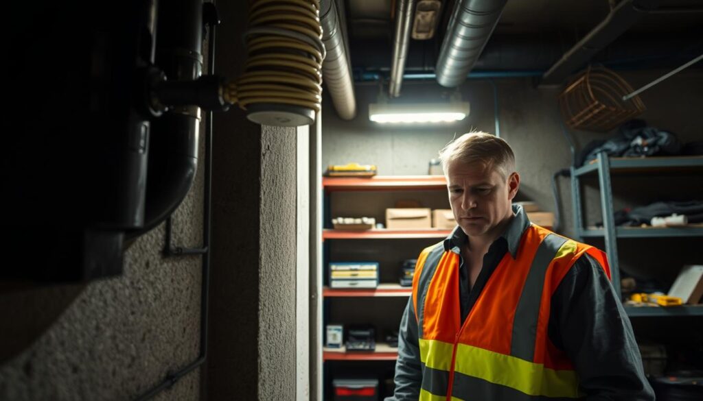 A dimly lit industrial workspace, with a partially installed electrical conduit system. The foreground shows a section of the conduit, partially secured to the wall, with some loose fittings and wiring visible. The middle ground depicts a worker, clad in a safety vest, examining the problematic area, brow furrowed in concentration. In the background, shelves of tools and equipment suggest an ongoing construction or maintenance project. The lighting is harsh, casting long shadows and highlighting the imperfections in the installation. The overall mood is one of problem-solving, with a sense of the challenges inherent in securing electrical infrastructure in a practical, safe manner.