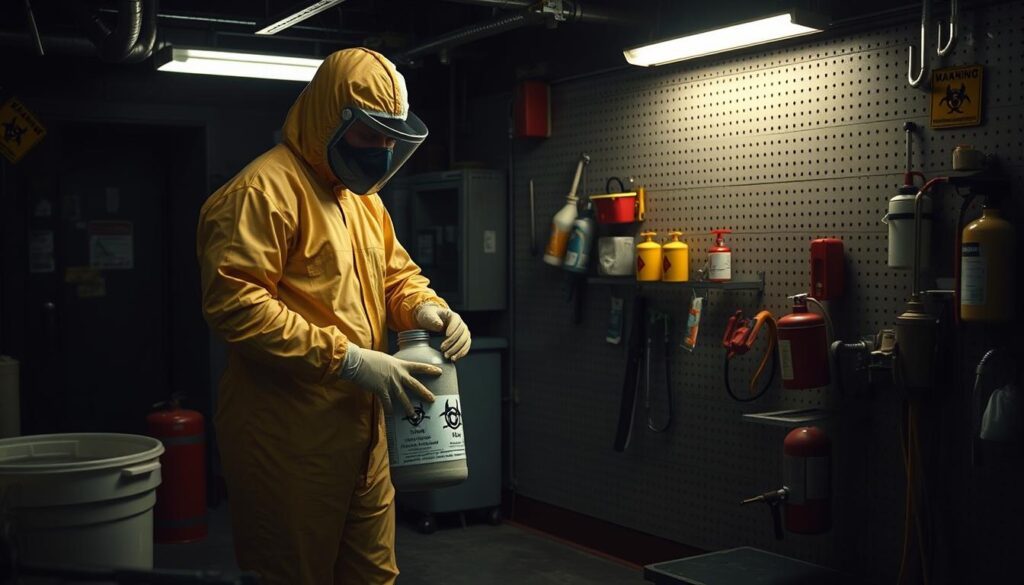 A dimly lit industrial workspace with scattered hazardous materials warning signs, fire extinguishers, and personal protective equipment. In the foreground, a worker in a full-body hazmat suit carefully handles a canister labeled with biohazard symbols, illuminated by the soft glow of emergency lighting. The middle ground features a pegboard wall with neatly organized cleaning supplies and safety tools. The background is shrouded in shadows, suggesting the need for caution and vigilance when dealing with dangerous substances.