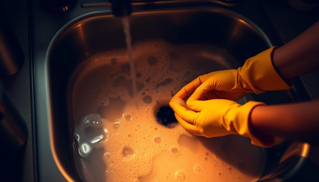 A dimly lit kitchen countertop, the sink filled with steaming hot water and a few drops of dish detergent swirling about. A person's hands, gloved in yellow rubber, gently agitating the liquid, working to dislodge the stubborn clog. The light casts a warm, amber glow, highlighting the suds and creating a sense of focused, purposeful activity. The scene conveys a practical, problem-solving approach to a common household task, with an air of determination to get the job done efficiently.