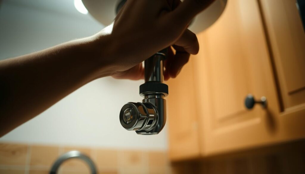 A dimly lit kitchen interior, with a skilled hand reaching down to turn off a metal water supply valve under the sink. The valve is highlighted in the foreground, its chrome surface gleaming in the soft, warm lighting. The background is blurred, but suggests the familiar surroundings of a kitchen cabinet. The atmosphere is one of focused attention, as the person prepares to address the repair at hand, prioritizing safety and caution. The image conveys a sense of care and control, capturing the essential step of shutting off the water supply before beginning a faucet repair.