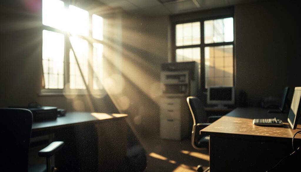 A dimly lit office interior, desks and chairs partially obscured by a hazy veil of accumulated dust. Sunlight streams through grimy windows, casting long shadows and illuminating the fine particulates suspended in the stagnant air. Dust gathers in the corners, along baseboards and in crevices, forming a visible layer that clings to surfaces. The overall atmosphere is one of neglect and decay, underscoring the need for a thorough cleaning and maintenance regimen. Shallow depth of field highlights the foreground dust, while the background fades into a soft, blurred blur, creating a sense of depth and dimensionality.