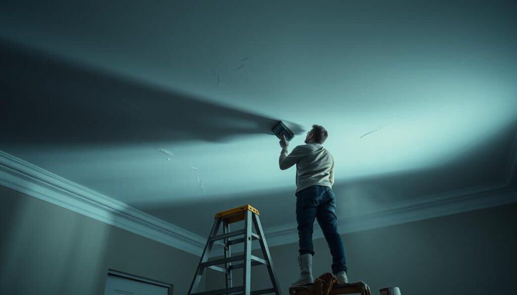 A dimly lit room, the ceiling in focus, with a stepladder placed underneath. A person in work attire, their face not visible, stands on the ladder, carefully sanding the peeling paint on the ceiling. The air is thick with fine dust particles illuminated by soft, diffused lighting, creating a hazy atmosphere. Weathered tools and paint cans are scattered around the base of the ladder, hinting at the upcoming repair work. The overall scene conveys a sense of focus, preparation, and the methodical process of getting the surface ready for a fresh coat of paint.