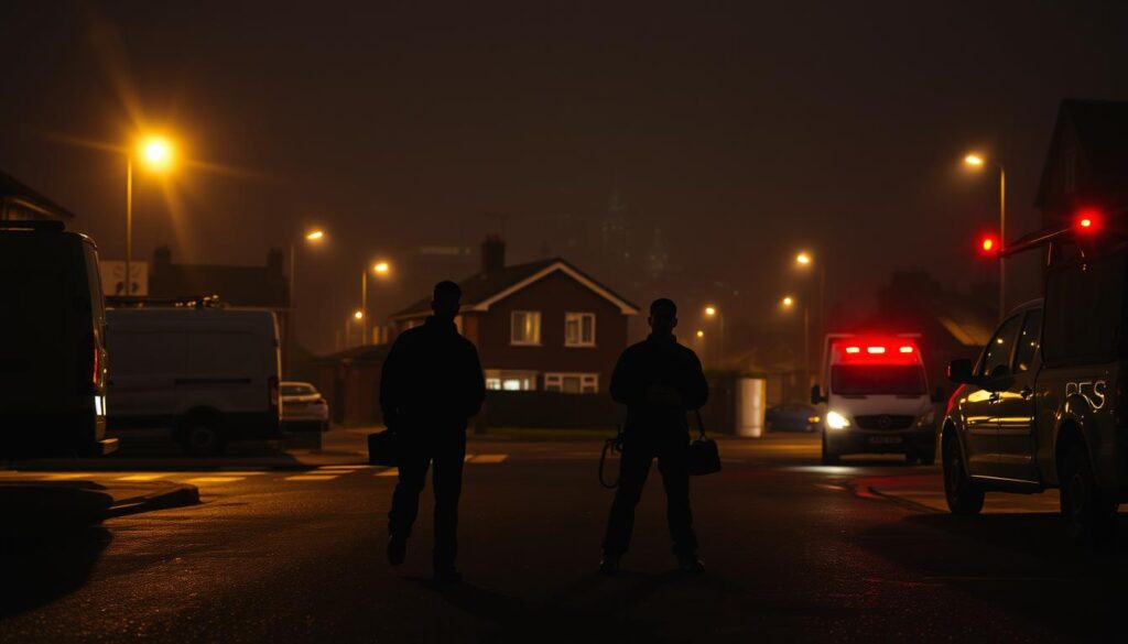 A dimly lit street in Liverpool at night, with the silhouettes of emergency plumbers in the foreground, their tool kits and trucks visible. In the middle ground, a house with a plumbing emergency, water leaking from a burst pipe. The background is hazy, with the city skyline barely visible, conveying a sense of urgency and the need for reliable, 24/7 plumbing solutions. The lighting is dramatic, with warm tones from the plumbers' trucks and cooler tones from the street lamps, creating a sense of tension and the need for immediate action. The composition emphasizes the plumbers as the heroes, ready to swoop in and resolve the crisis at hand.