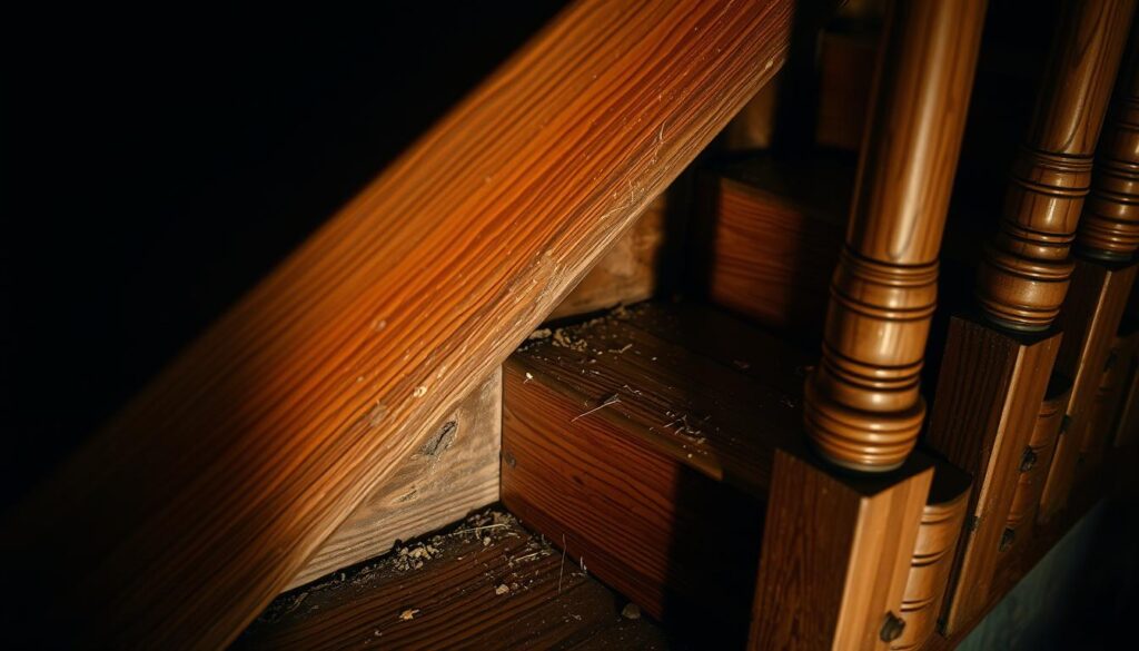 A dimly lit wooden staircase, its treads worn and weathered, creaks and groans underfoot. The focus is on the junction where the steps meet the support beams, revealing the source of the squeaky sounds - loose joints, misaligned boards, and accumulated dust and debris. The image is captured from a low angle, emphasizing the sense of age and neglect, with soft, warm lighting casting long shadows that accentuate the textural details. The overall mood is one of domestic disrepair, inviting the viewer to consider the practical solutions that could silence these troublesome stairs.