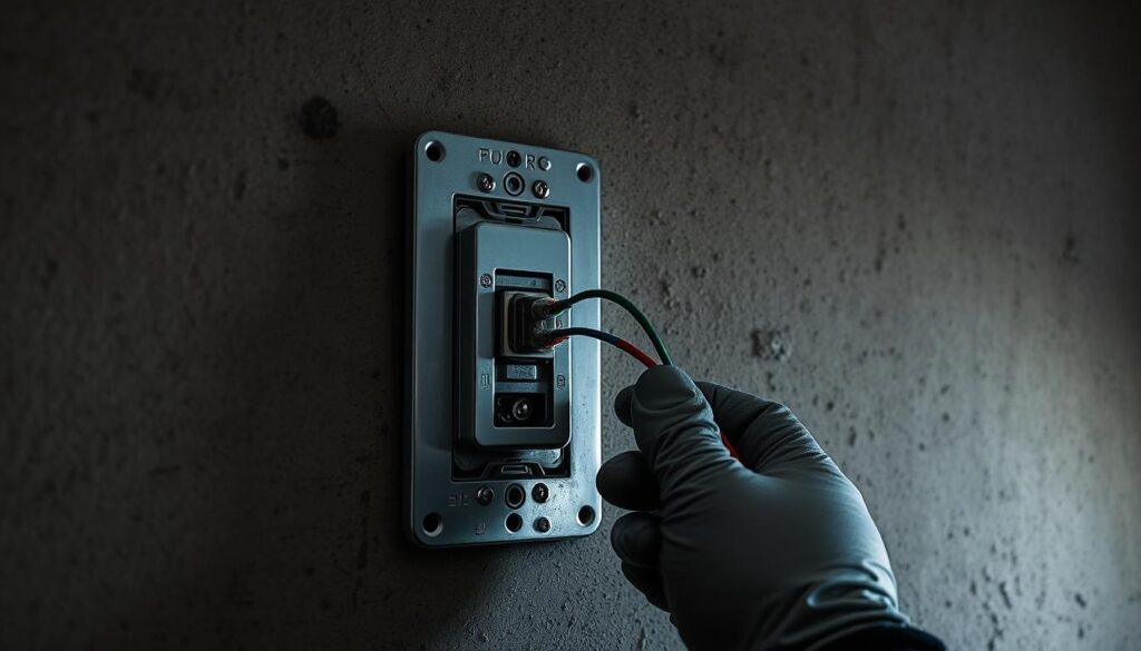 A dimly lit workshop interior, with a metal light switch mounted on a textured concrete wall. The switch is partially disassembled, revealing its intricate components. A human hand, wearing protective gloves, is carefully connecting the earth wire to the switch's grounding terminal, ensuring proper electrical safety. The image conveys a sense of focused attention and technical precision, highlighting the importance of earthing in electrical installations.