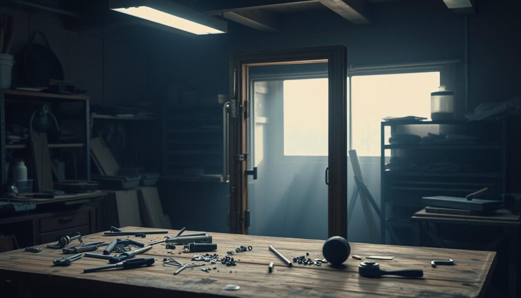 A dimly lit workshop interior, with a worn wooden workbench in the foreground, various tools and hardware scattered across its surface. In the middle ground, a partially disassembled door frame stands, revealing the complex mechanisms of the hinges and latch. The background is hazy, with shelves of spare parts and supplies lining the walls, casting long shadows from a single overhead light fixture. The overall atmosphere is one of investigation and problem-solving, with a focus on uncovering the underlying causes of a persistent squeaky door.