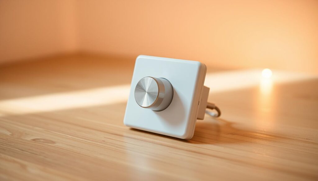 A dimmer switch for LED lights, sitting on a wooden surface. The switch is white with a metallic knob, offering precise control over the brightness. The lighting is warm and inviting, casting a soft glow across the scene. The switch is framed by a clean, minimalist background, allowing the device to be the focal point. The image is captured at a slight angle, providing depth and perspective. The overall mood is one of simplicity and functionality, reflecting the practical nature of the dimmer switch.