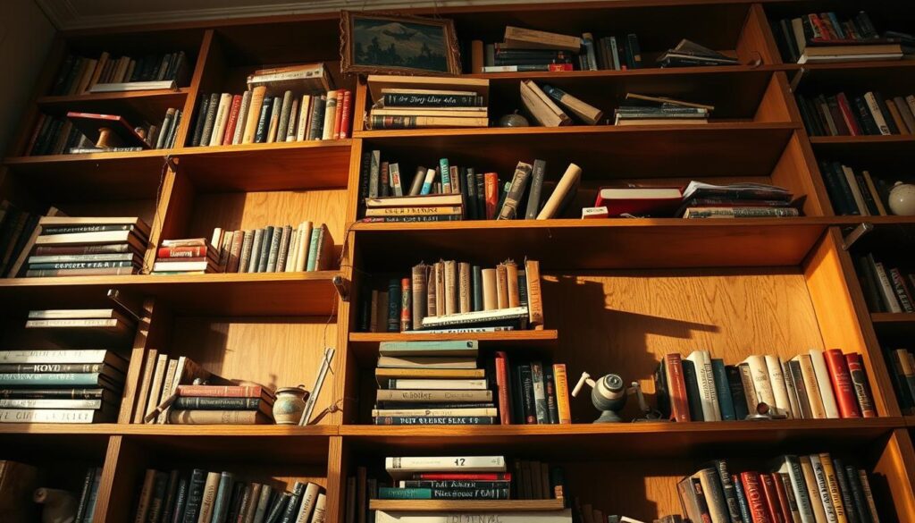 A disheveled bookshelf, its contents precariously perched, teetering on the edge of stability. The shelves sag unevenly, their supports worn and weakened, creating an unsettling sense of imbalance. Books and knickknacks lean haphazardly, as if the slightest touch could send them tumbling to the ground. Warm, diffused lighting casts long shadows, highlighting the bookshelf's structural flaws and the overall sense of instability. The scene is captured in a low-angle perspective, emphasizing the towering, unsteady nature of the bookshelf. The overall mood is one of impending collapse, a visual representation of the need for simple DIY fixes to stabilize this wobbly, precarious structure.