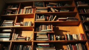 A disheveled bookshelf, its contents precariously perched, teetering on the edge of stability. The shelves sag unevenly, their supports worn and weakened, creating an unsettling sense of imbalance. Books and knickknacks lean haphazardly, as if the slightest touch could send them tumbling to the ground. Warm, diffused lighting casts long shadows, highlighting the bookshelf's structural flaws and the overall sense of instability. The scene is captured in a low-angle perspective, emphasizing the towering, unsteady nature of the bookshelf. The overall mood is one of impending collapse, a visual representation of the need for simple DIY fixes to stabilize this wobbly, precarious structure.