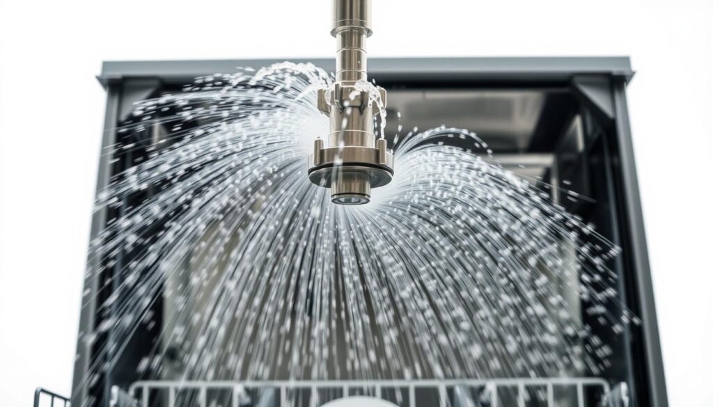 A dishwasher's spray arm, positioned against a crisp white backdrop, is undergoing a rigorous water flow test. Streams of water arc gracefully from the spinning arm, illuminated by soft, even lighting that accentuates the metallic sheen. The camera captures the test from a low, frontal angle, showcasing the arm's intricate design and the concentrated water spray pattern. The scene conveys a sense of precision and functionality, as if documenting an important quality control procedure for a household appliance. The overall mood is one of clinical examination, highlighting the technical aspects of the spray arm's performance.