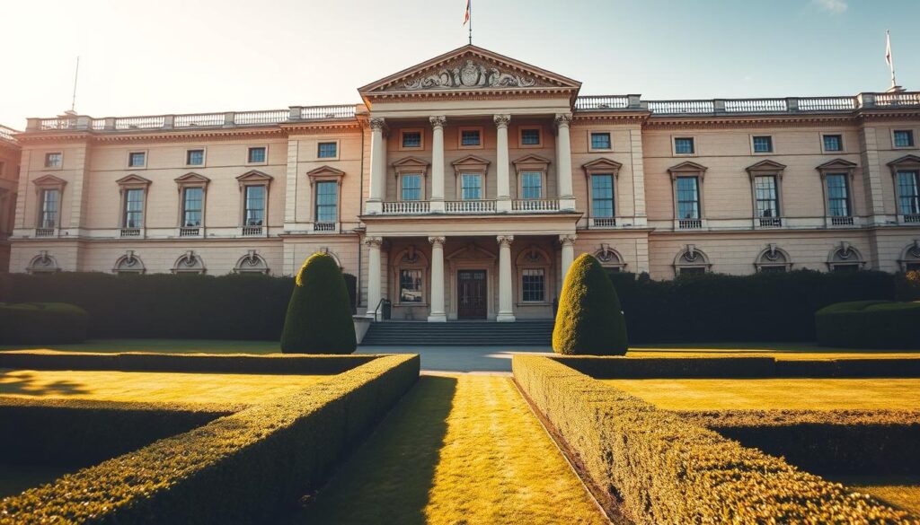 A grand, stately building with classical architectural features stands prominently, representing the authoritative presence of the UK Building Regulation System. The façade displays intricate columns, pediments, and ornate detailing, conveying a sense of tradition and governmental gravitas. In the foreground, a well-manicured lawn and carefully pruned hedges create a formal, symmetrical layout, hinting at the structured and meticulous nature of the regulatory framework. The image is bathed in warm, golden lighting, casting long shadows and adding a sense of solemnity to the scene. The overall composition suggests the UK Building Regulation System as a robust, time-honored institution upholding high standards of construction and safety.