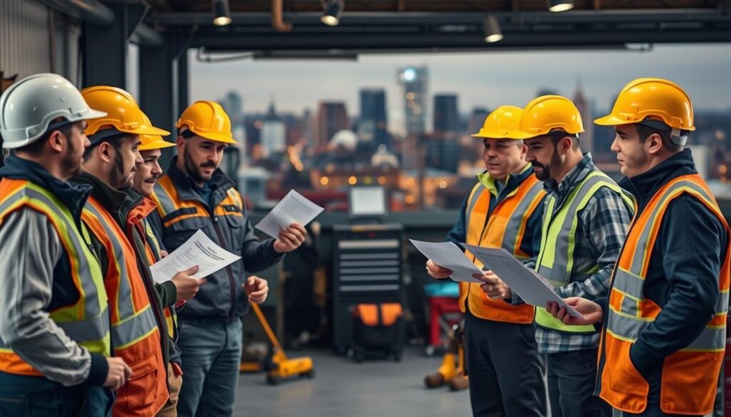 A group of Manchester electricians stand side by side, examining and comparing their service offerings. The foreground features the electricians in crisp detail, dressed in uniforms and safety gear, gesturing animatedly as they discuss their rates, specialties, and customer testimonials. The middle ground shows a dimly lit workshop setting, with tools and equipment neatly organized, suggesting the professionals' expertise. The background blurs into a cityscape of Manchester's iconic architecture, hinting at the electricians' familiarity with the local area and their commitment to serving the community. Soft, warm lighting illuminates the scene, creating an atmosphere of trust and reliability.