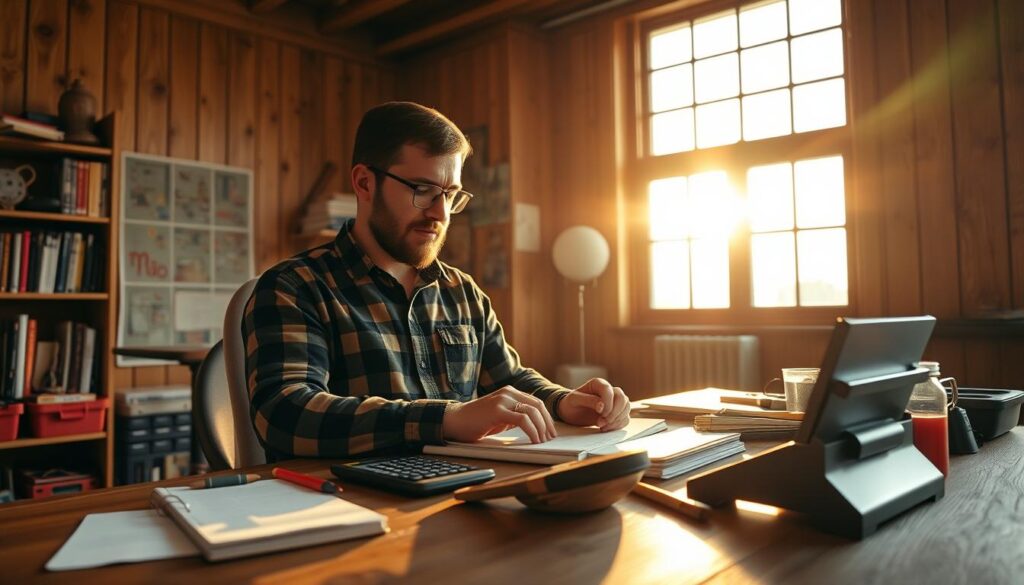 A handyman's workspace, bathed in warm, golden light from a large window. On the desk, a calculator, a notepad, and various tools neatly arranged, as the handyman carefully calculates their target income. The background is a cozy, wood-paneled room, with shelves of reference books and a toolbox in the corner, conveying a sense of expertise and thoughtful planning.