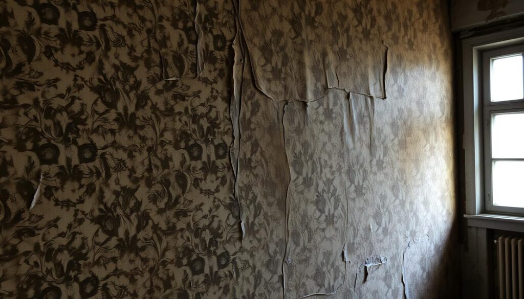 A heavily textured, weathered wallpaper covering an interior wall, with visible seams, peeling edges, and uneven surfaces. The wallpaper pattern features a vintage floral design in muted, earthy tones. The wall is illuminated by soft, diffused natural lighting from a window, casting gentle shadows and highlights across the uneven surface. The overall mood is one of age, imperfection, and the passage of time, conveying the sense of a lived-in, well-used space.