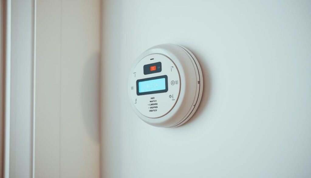 A high-quality carbon monoxide detector, sleek and modern, mounted on a pristine white wall. The device features a clear LED display, intuitive controls, and a sleek, minimalist design that seamlessly blends into the surroundings. The lighting is soft and diffused, creating a soothing, non-intrusive atmosphere. The angle showcases the detector's profile, emphasizing its compact, unobtrusive nature. The overall scene conveys a sense of safety, security, and the importance of this vital home safety device in protecting against the "silent killer" - carbon monoxide.