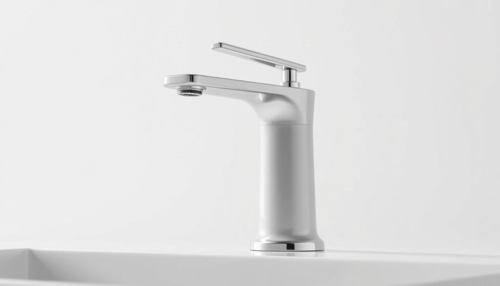 A high-quality ceramic disc tap, featuring a sleek, minimalist design. The tap is rendered in intricate detail, with a smooth, glazed surface that catches the light beautifully. The faucet's body is a soft, muted tone, complemented by the shiny metal accents of the handle and base. The tap is set against a plain, neutral background, allowing the device to take center stage. Soft, directional lighting illuminates the tap's form, highlighting its clean lines and precise engineering. The overall composition emphasizes the tap's functional elegance, showcasing its suitability for a modern, well-appointed bathroom or kitchen setting.