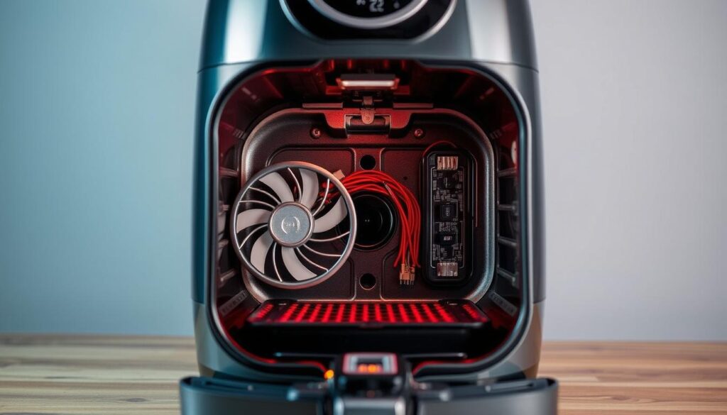 A high-quality cross-section view of the internal components of an air fryer, captured with a technical lens. The foreground showcases the heating element, fan, and temperature sensor in vivid detail. The middle ground reveals the intricate wiring and circuit board, while the background displays the sturdy metal casing and housing. The scene is illuminated by a cool, neutral lighting setup, emphasizing the precision engineering and functionality of the air fryer's internal workings. The overall atmosphere conveys a sense of technical sophistication and mechanical complexity, perfectly suited for the "Air Fryer Not Heating Troubleshooting: Internal Components" section of the article.