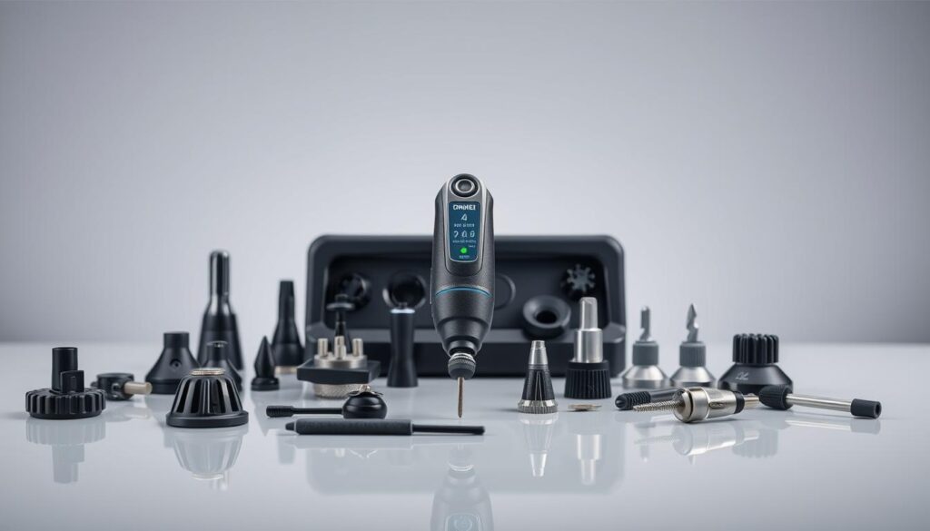 A high-quality, detailed image of a Dremel 4300 rotary tool kit in a well-lit, professional studio setting. The rotary tool is the central focus, positioned on a clean, reflective surface that showcases its sleek, modern design. The kit includes the main tool, various attachments, and accessories neatly arranged around it. Soft, directional lighting accentuates the textures and contours of the rotary tool, creating a sense of depth and clarity. The background is a simple, neutral color that allows the tool to stand out prominently. The overall atmosphere is one of precision, functionality, and professionalism, suitable for illustrating the performance and practical applications of this high-end rotary tool.