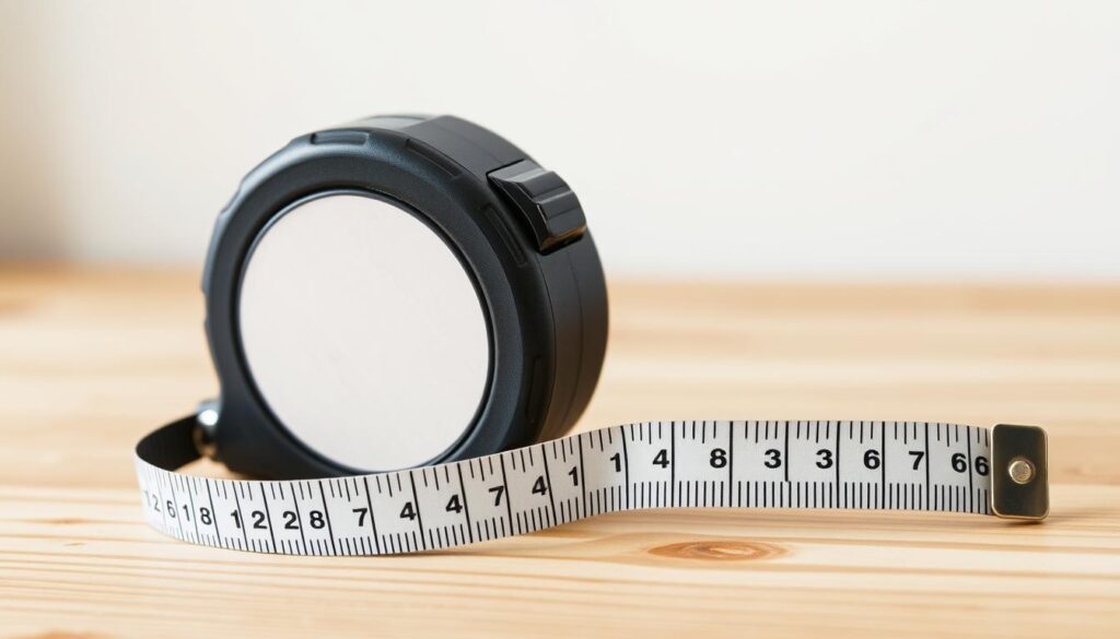 A high-quality, detailed image of a double-sided print tape measure resting on a wooden surface, with soft, natural lighting illuminating the scene. The tape measure is prominently displayed, showcasing its practical design and versatility. The focus is on the tactile textures and materials, inviting the viewer to imagine the utility and convenience of this everyday tool. The background is uncluttered, allowing the tape measure to be the central focus, conveying a sense of simplicity and functionality.